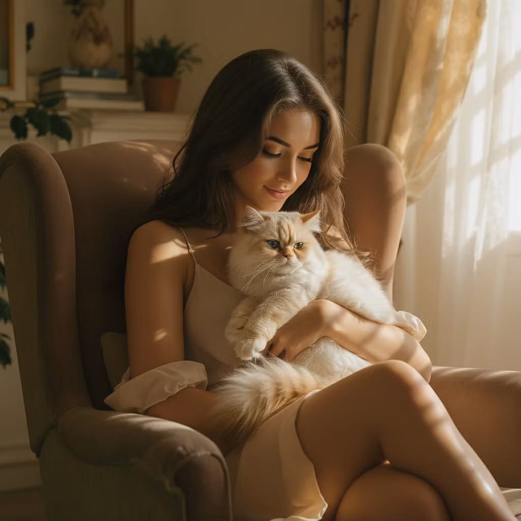 Val – Add a beautiful cat resting peacefully in the young woman's arms. The cat should be elegant and well-groomed, perhaps…