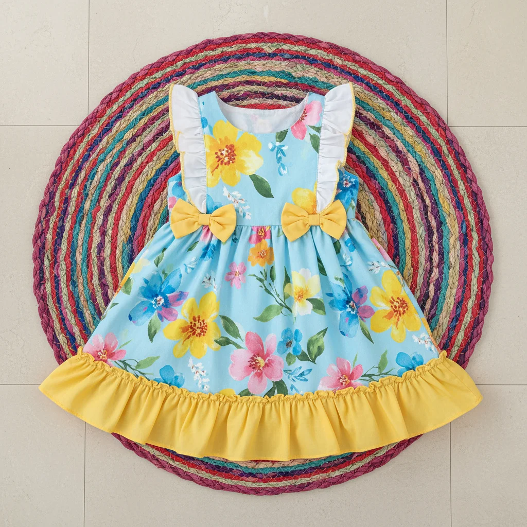 Rahil Suroo – A delightful summer dress designed for a 5-year-old girl, featuring a light blue base with vibrant floral prints in y…