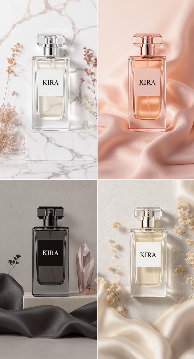 Ccddz – Premium perfume bottle product showcase featuring multiple elegant variants of "Kira" fragrance, each bottle displayi…