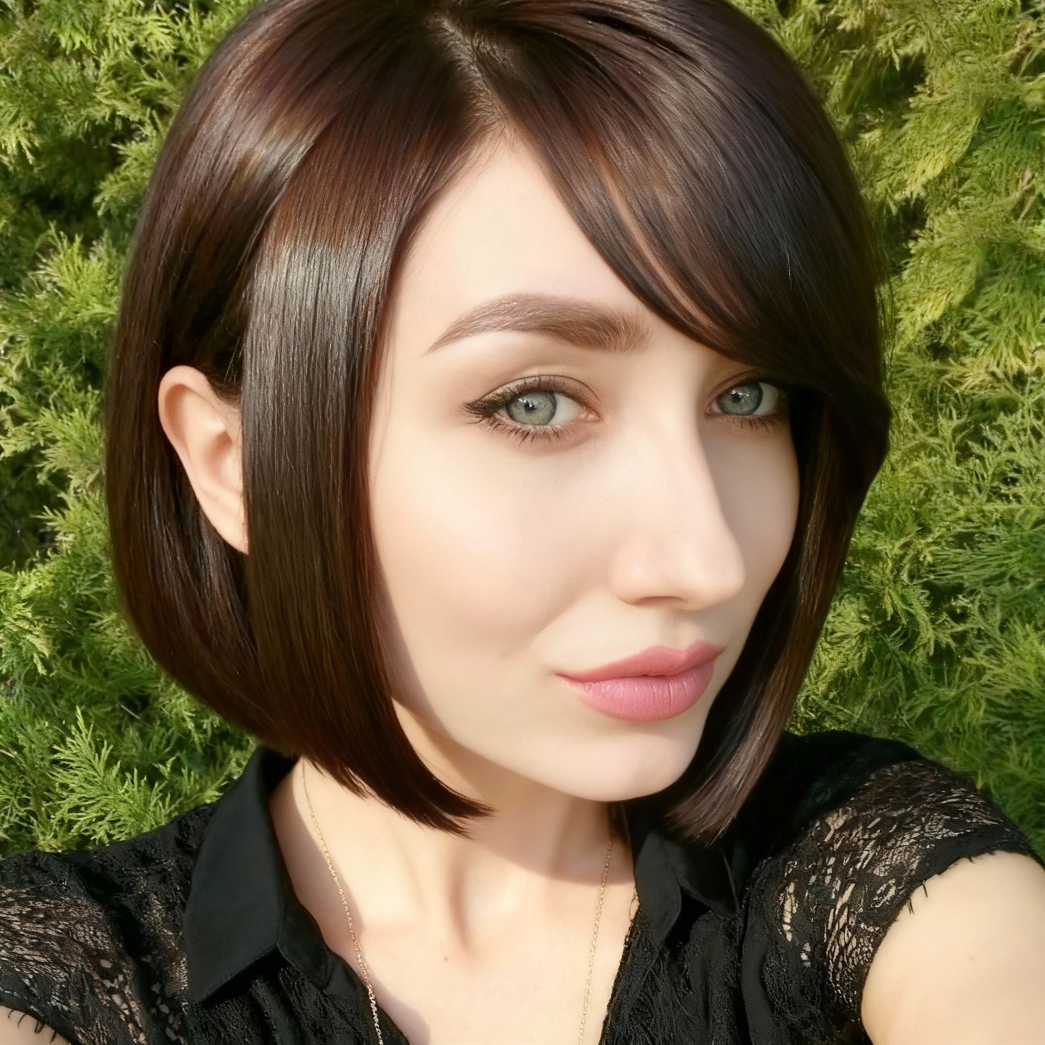 владимир ломакин – Create an asymmetrical short bob hairstyle on the provided portrait photo. Keep the original dark chestnut hair color…