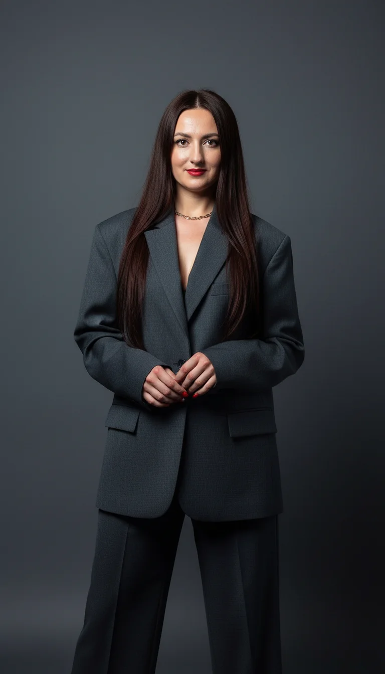 Ирина Шевель – Professional portrait of an elegant young woman with long straight dark brown hair flowing over shoulders, soft oval …