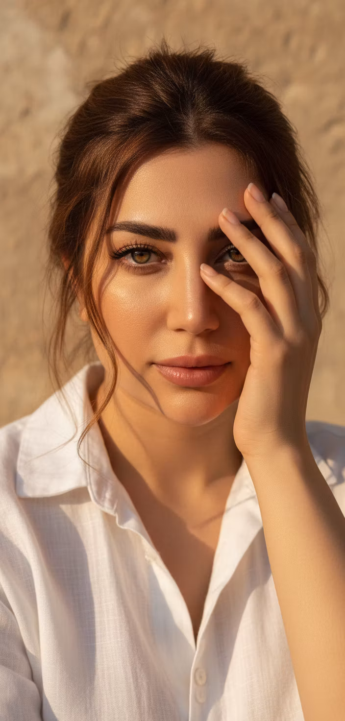 Mohamad Salimy – A hyper-realistic portrait of a beautiful woman in natural daylight, full head in frame. She covers the right side of…
