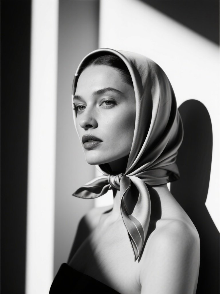 C. – Minimalist black-and-white fashion photography of an elegant model wearing a sophisticated head scarf, inspired by Yv…