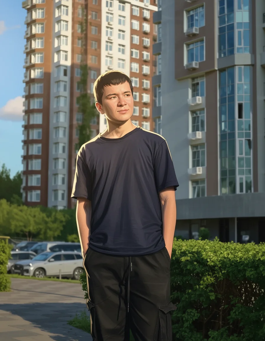 Yhu Yy – Anime-style illustration of a young man standing in an urban residential area during golden hour. He's wearing a dark…