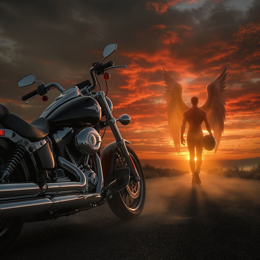 Aleksandr Maksimov – A dramatic photorealistic scene in 4K quality featuring a large, detailed motorcycle prominently positioned in the le…