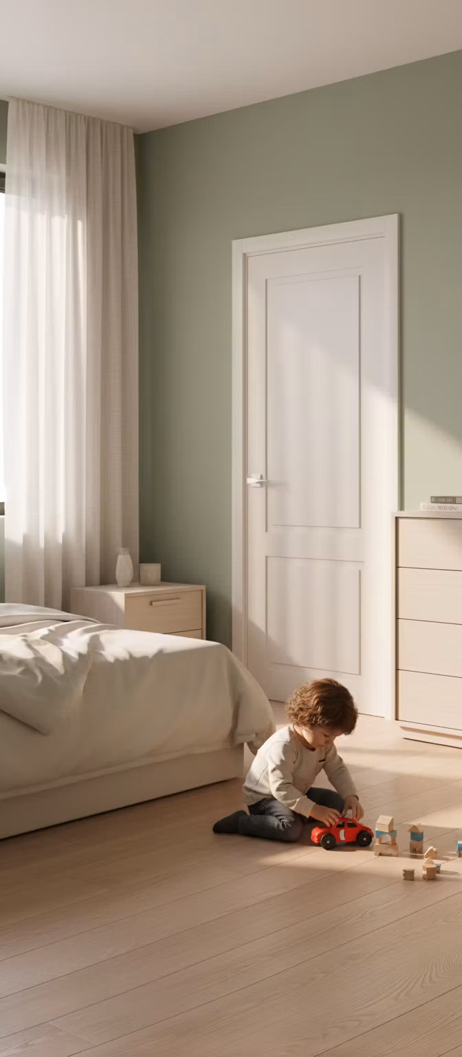 Виктор Пиянзин – Cozy bedroom interior with a light cream-colored door featuring classic panel design and modern rectangular handle, s…