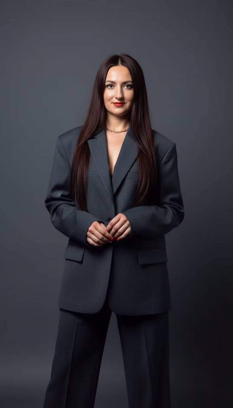 Ирина Шевель – Professional portrait of an elegant young woman with long straight dark brown hair flowing over shoulders, soft oval …