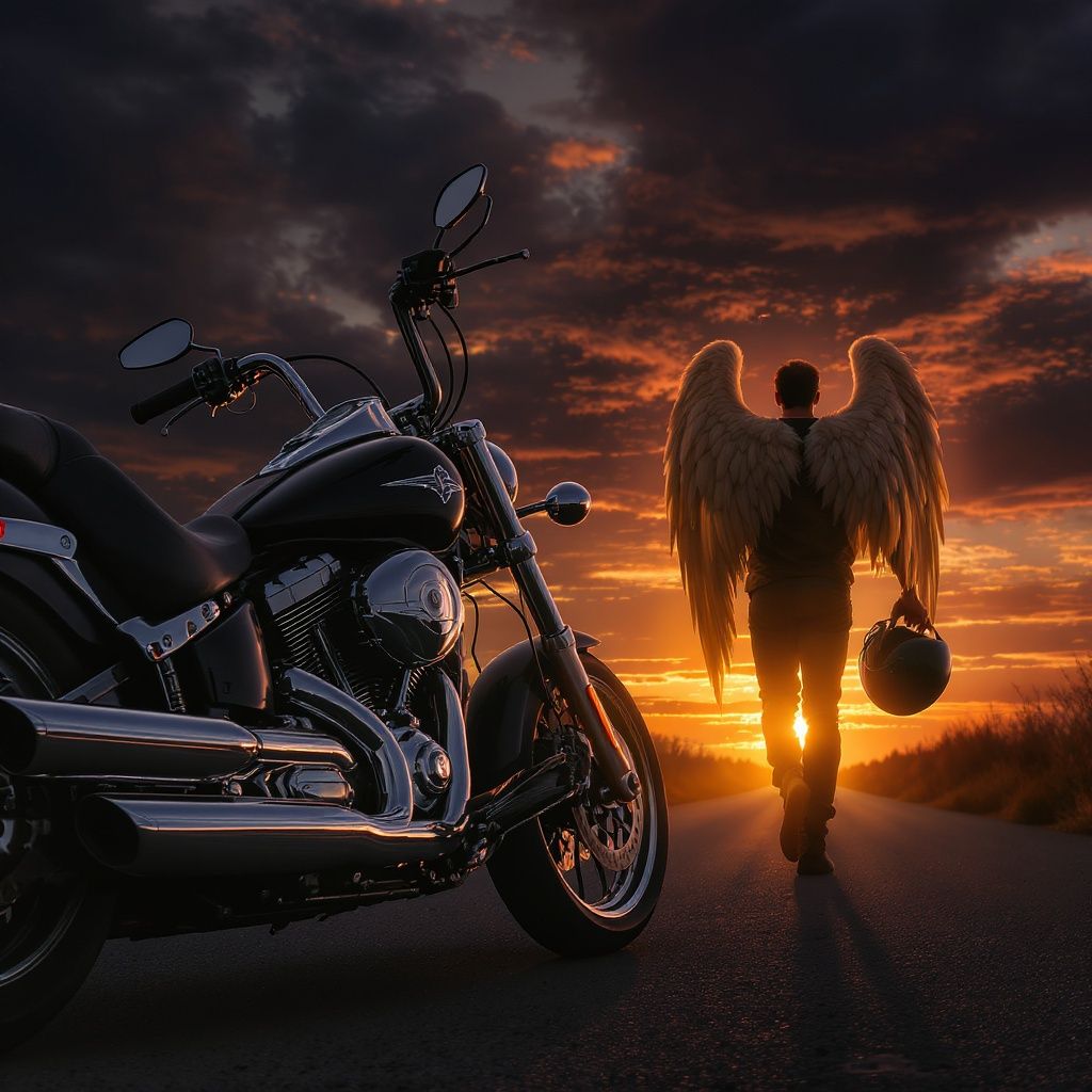 Aleksandr Maksimov – A dramatic photorealistic scene in 4K quality featuring a large, detailed motorcycle prominently positioned in the le…