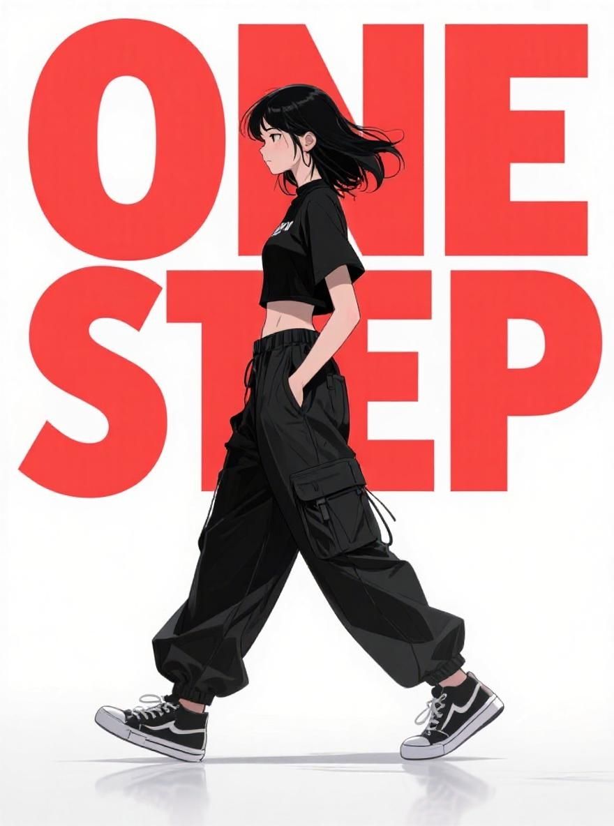 Lina Gul’ – Modify the background typography to make "ONE STEP" text much bolder, harder, and more industrial looking. The red te…