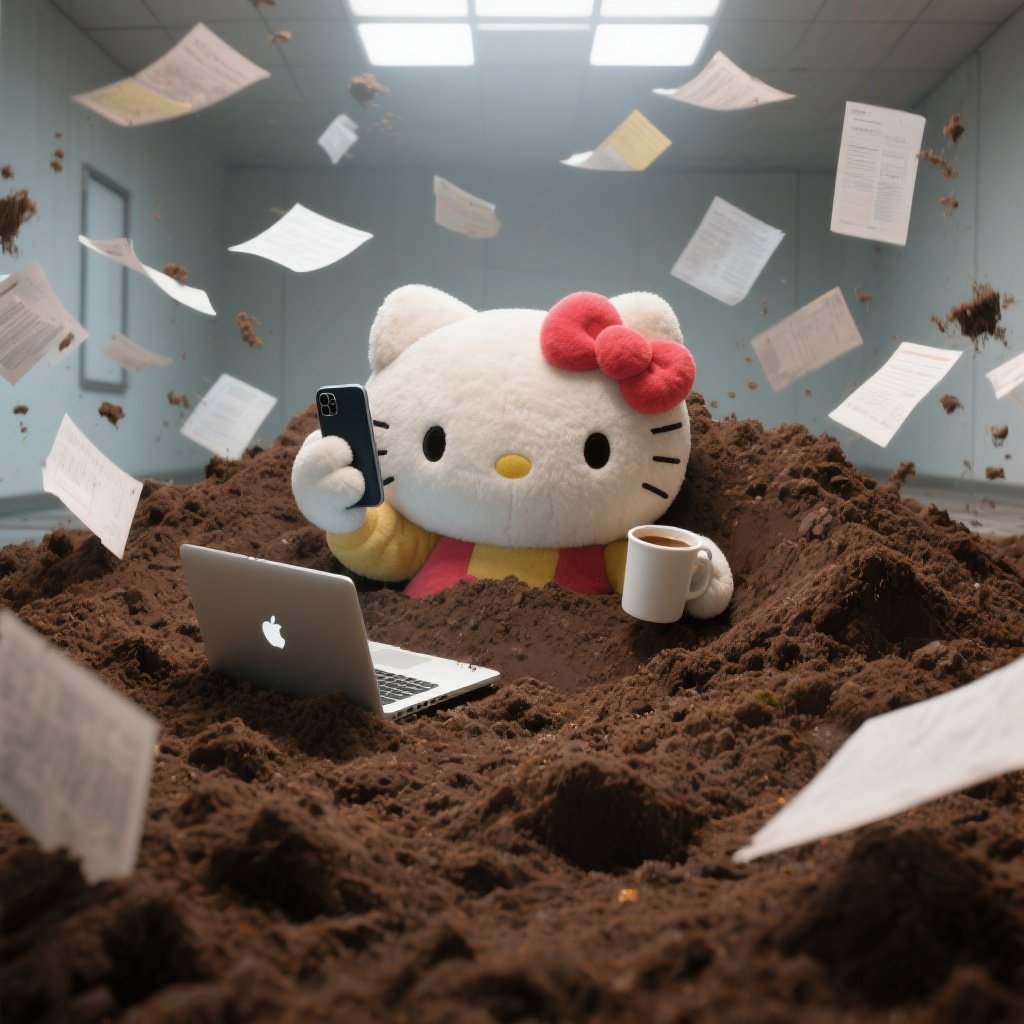 C. – A large Hello Kitty plush toy half-buried in a massive pile of rich brown soil that completely fills an indoor space,…