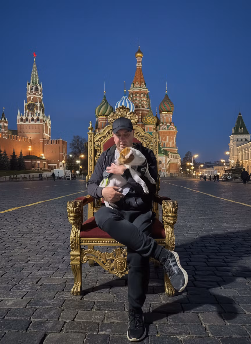 s s – A man in black clothing (black jacket, black sports pants, black cap, and sneakers) sitting majestically on an ornate…