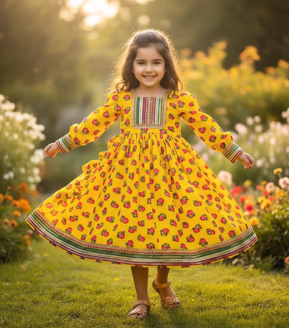 samir yosfiy – A joyful young girl, around 5-7 years old, with a sweet smile, wearing the exact bright yellow children's dress laid …