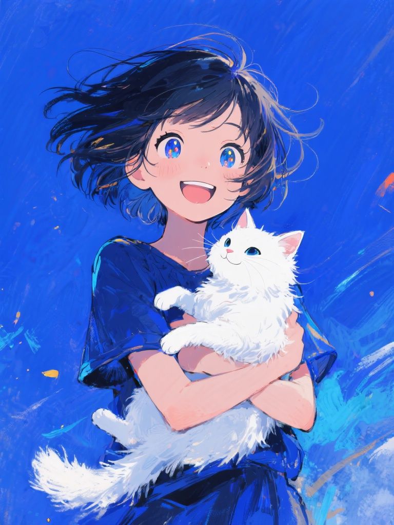 Dz.kc – A joyful young girl with windswept short hair holding a fluffy white cat, rendered in vibrant painterly anime style w…