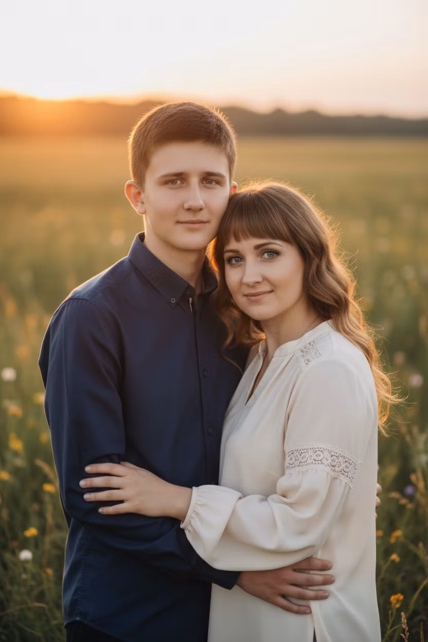Ксения Павленко – Create a joint family portrait featuring the 16-year-old son positioned on the left and his mother on the right, stan…