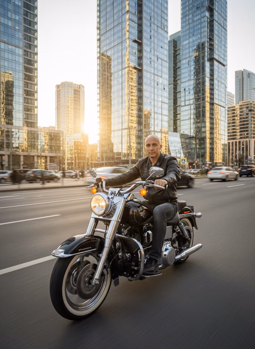 D R – Create a dynamic photograph showing the person from the first image riding a Harley Davidson motorcycle through the c…