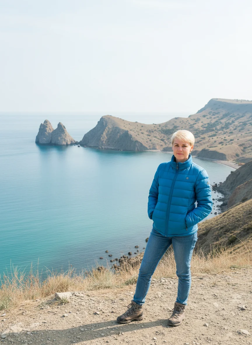 Sergey Nazarkin – Используя изображение девушки со светлыми короткими волосами, создай новую сцену: одень её в синие джинсы, синий пухо…