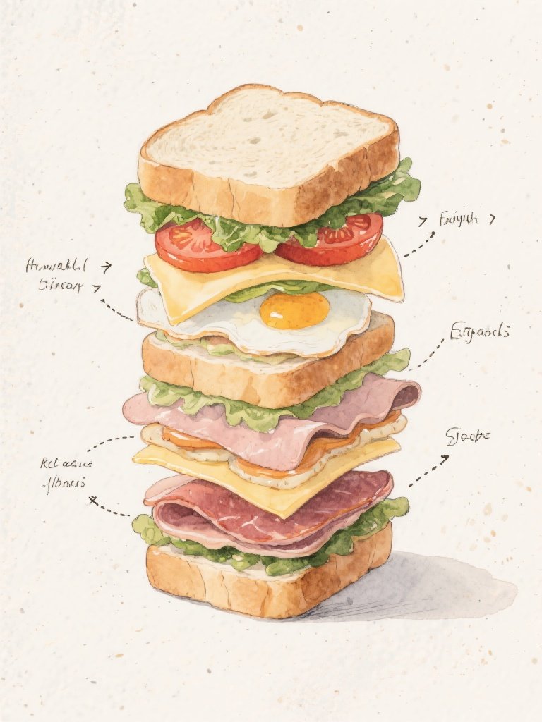 C. – Playful, hand‑drawn cookbook illustration of an exaggeratedly tall, multilayered sandwich, front‑facing with a slight…