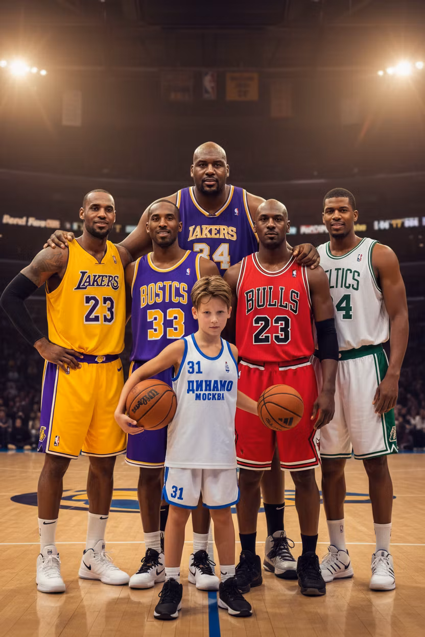 Владислав Литвинов – Create a photorealistic team photo composition featuring the young basketball player from the provided image (the boy…