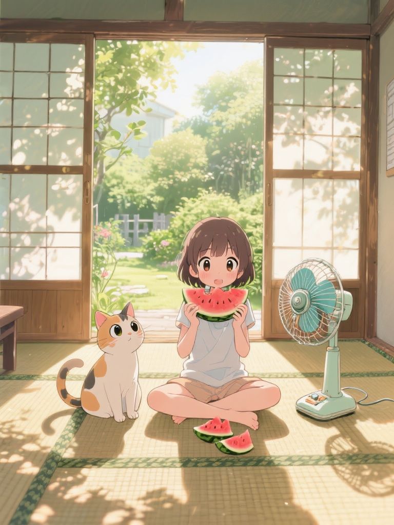 Ccddz – Anime style illustration of a cute anime girl sitting cross-legged on tatami floor mats eating fresh watermelon slice…
