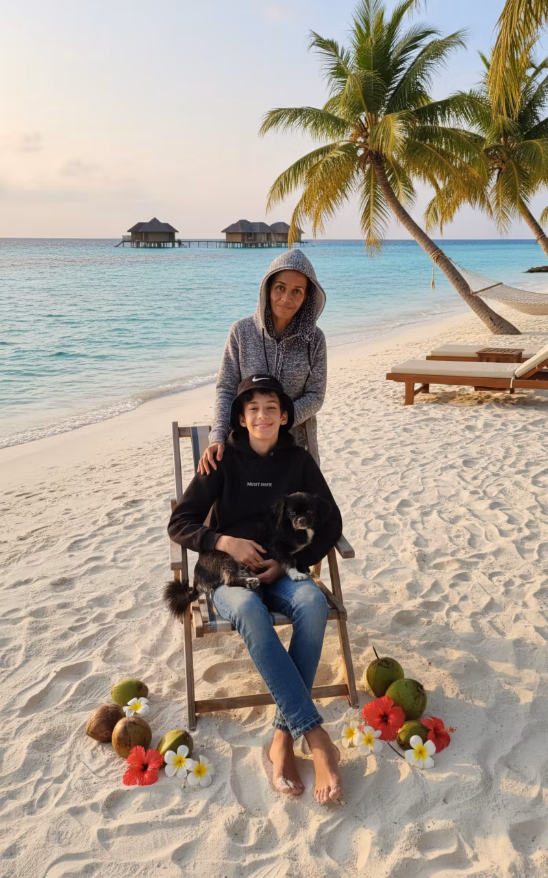 ANZHELA VIKTORIVSKA – Transform this family photo into a beautiful vacation scene on the Maldives. Place the woman and teenage boy (and the…