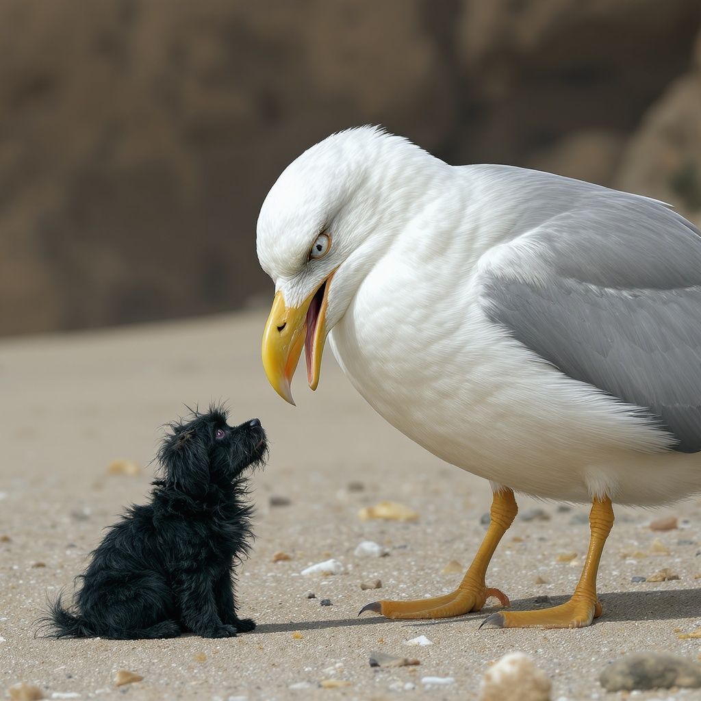 Misha Weisse – A small shaggy black dog sitting next to a massive giant seagull on a coastal scene. The seagull is twice the size of…