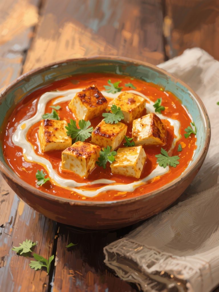 bluewallblacktile – Painterly illustration of a deep ceramic bowl filled with creamy paneer butter masala, rich orange-red curry swirled …