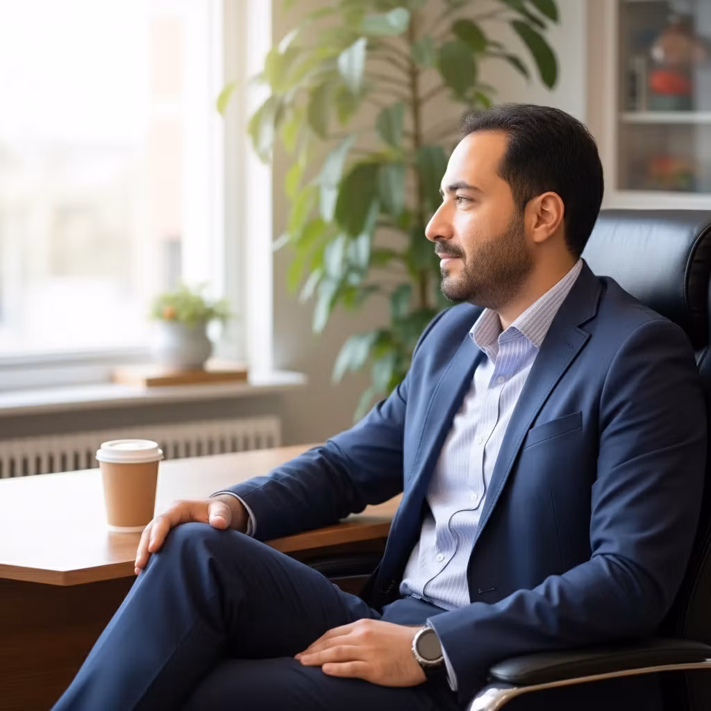 javad mix – A professional man in a business suit sitting in a modern office, gently turning his head to look toward a bright win…