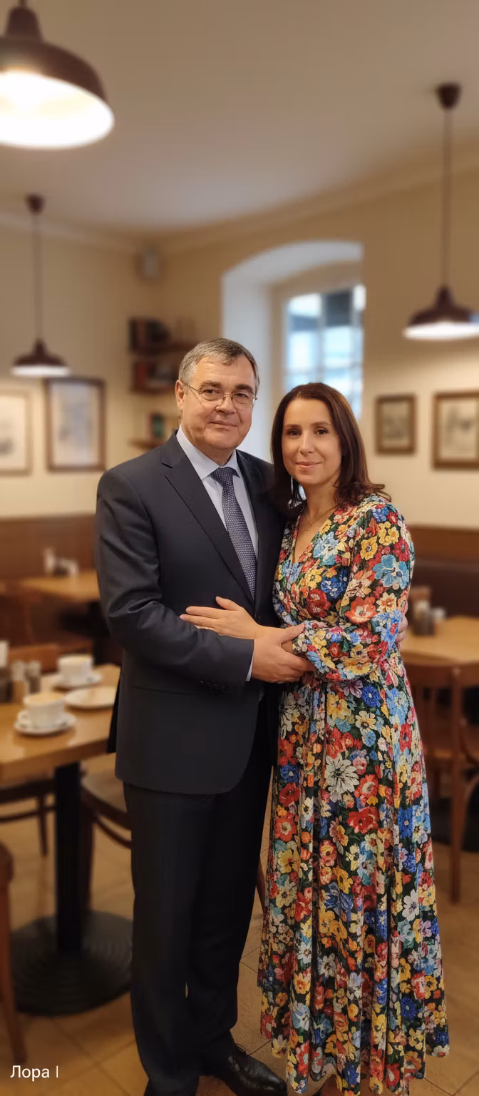 Лариса Примоченко – Using the provided image of the couple standing close together, transform the scene to a cozy cafe interior. Change t…