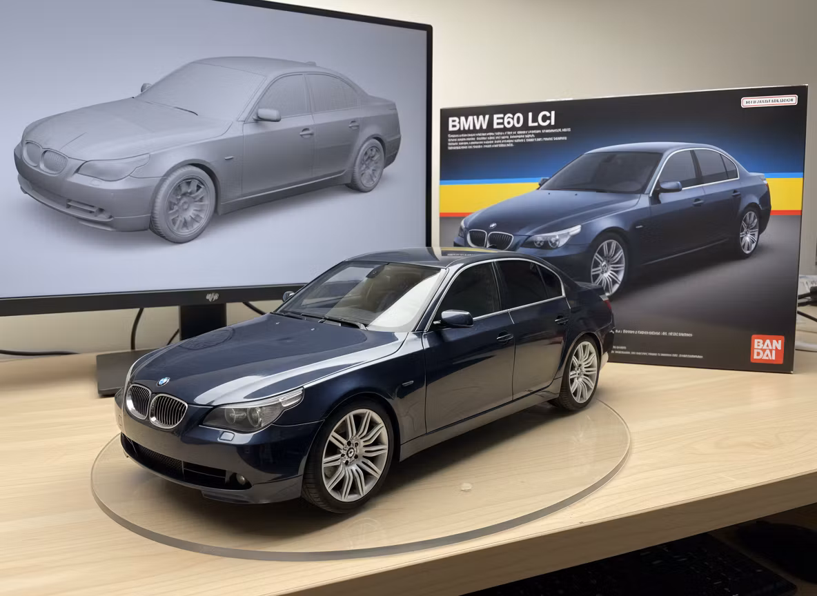 Максим Санин – Photorealistic commercial product photography of a 1/7 scale car model — BMW E60 LCI — displayed on a clear round acr…