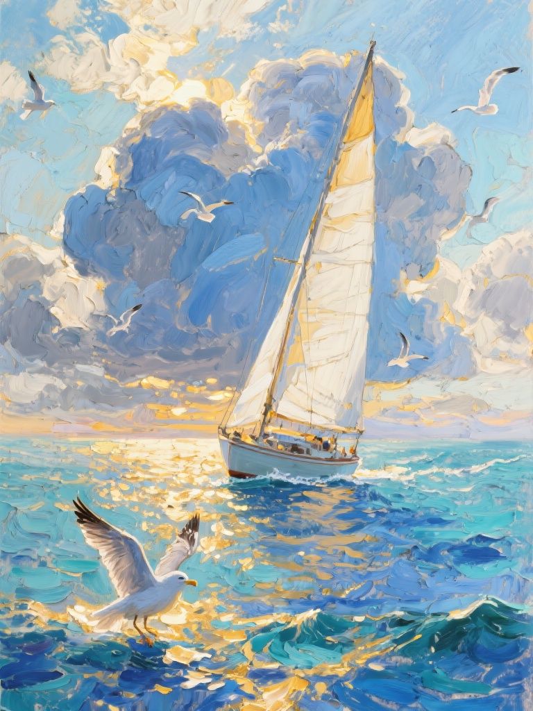 Ccddz – Impressionist oil painting of a single sailboat cutting across a sunlit sea, portrait 3:4 composition. A tall white m…