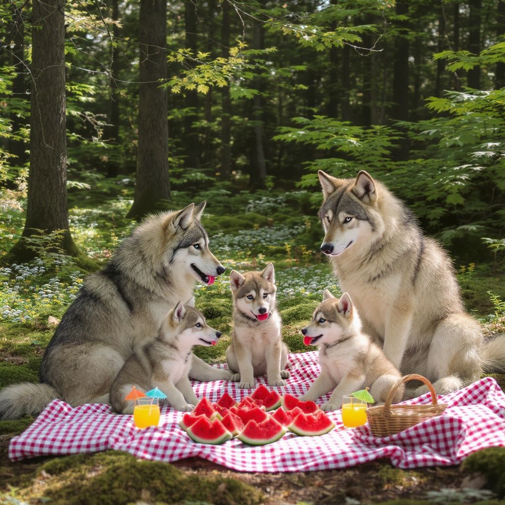 Сергей Давыденко – A realistic wolf family having a charming picnic in a lush forest clearing. The scene shows adult wolves and wolf pup…