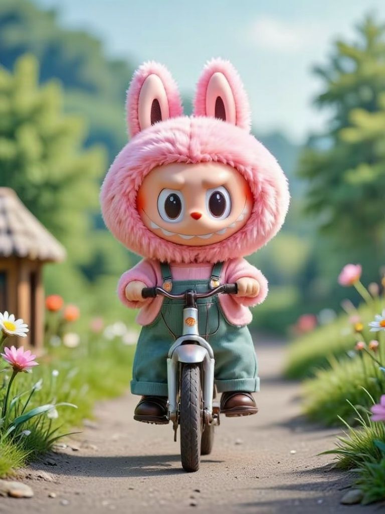 Władimir – Adorable Labubu character riding a bicycle in a whimsical outdoor setting. The pink furry creature with distinctive p…