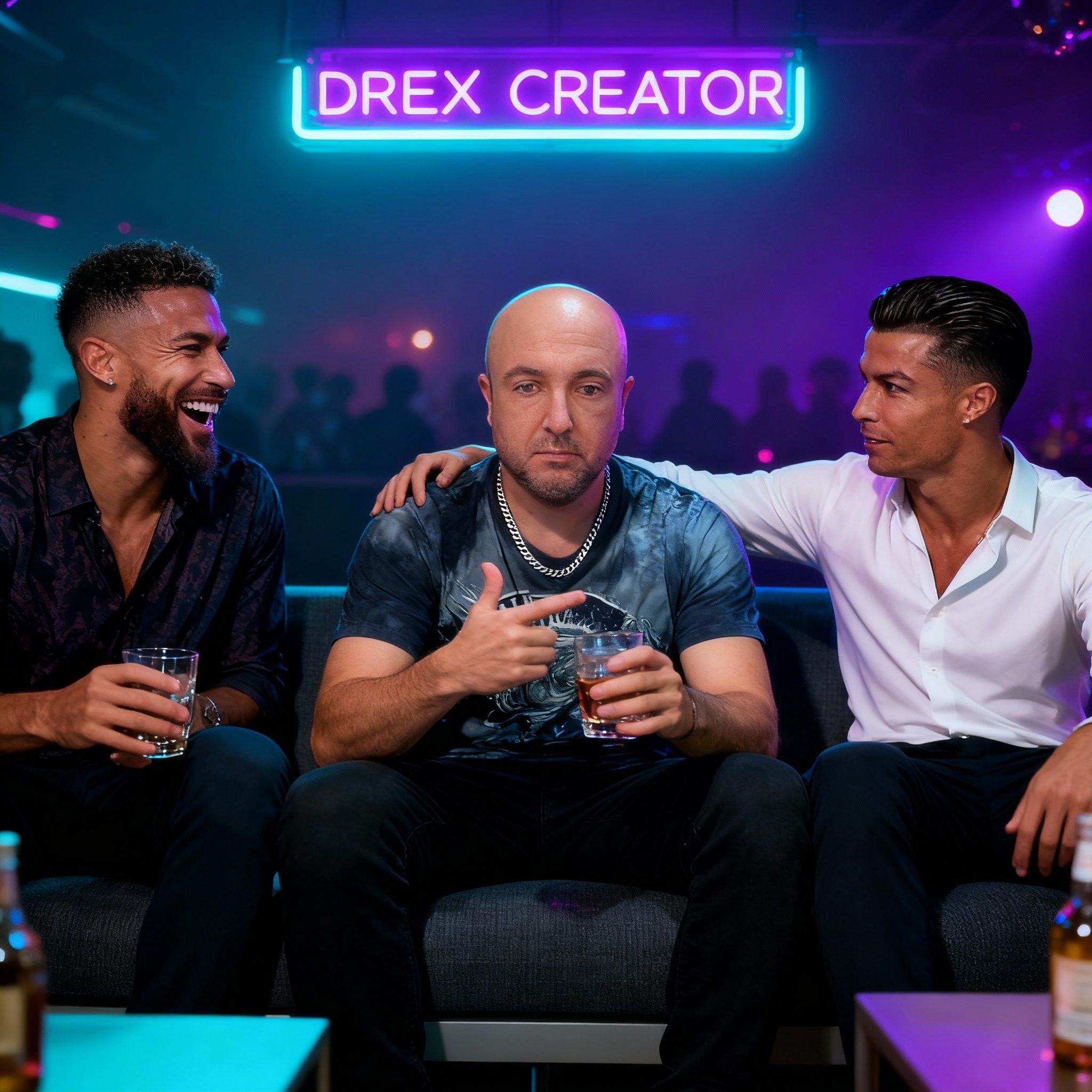 Олег Шевченко – Using the provided portrait as the exact central figure, create a photorealistic nightclub scene where three men sit …