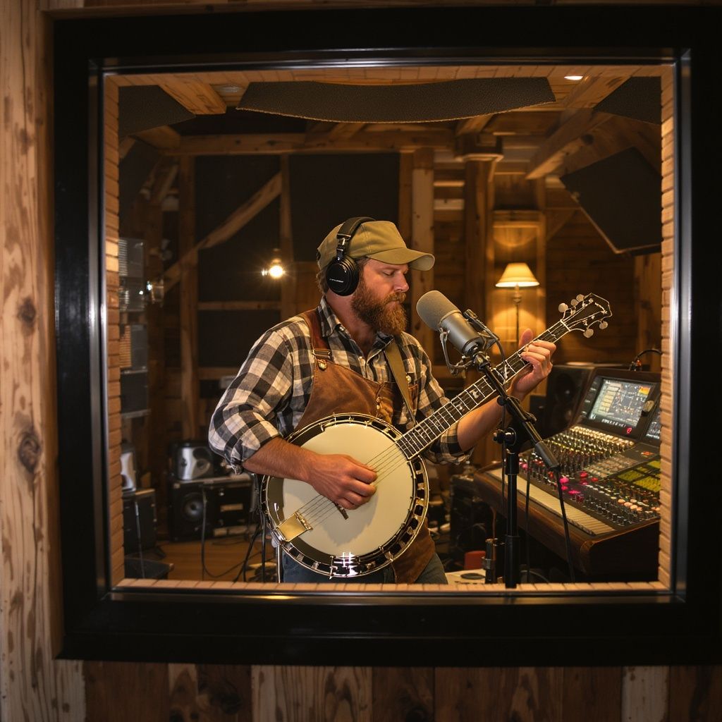 Sweet Songs – Banjo player performing in a recording sound booth inside a converted barn studio, musician wearing casual country at…