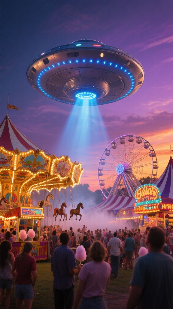 MICHAEL ROSS – A mysterious UFO hovering above a vibrant carnival at twilight, classic metallic saucer-shaped spacecraft with glowin…