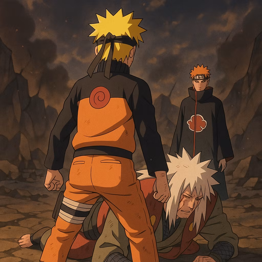 Kyro – Naruto anime style, Naruto standing protectively in front of Jiraiya, facing Pain in the distance. The perspective is…