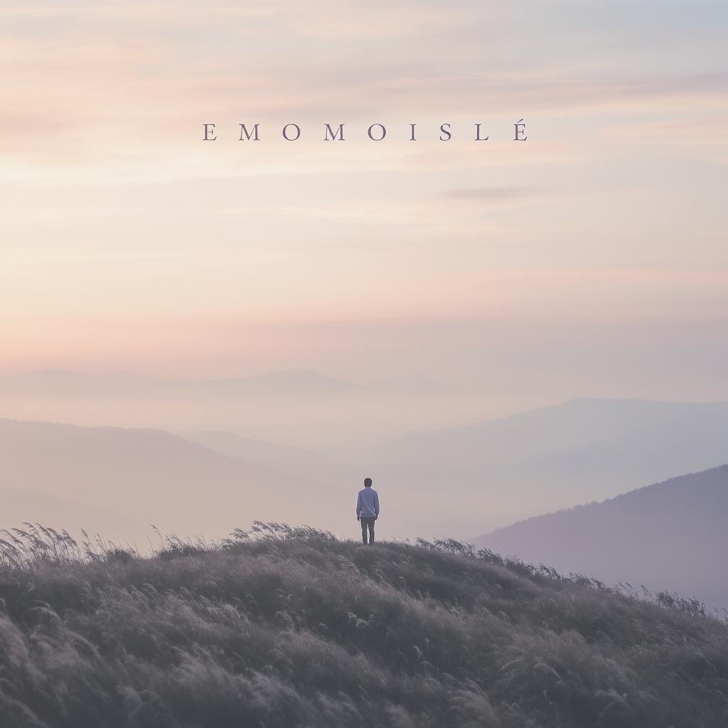 C. – Emotive album cover featuring solitary figure standing alone on misty hillside at dawn, tall grass swaying gently in …