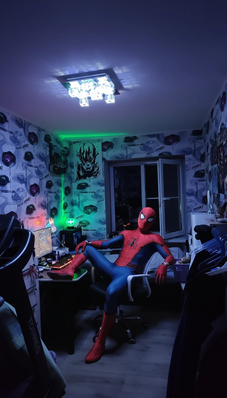 Ivan Durov – Add Spider-Man in his classic red and blue suit sitting casually in the white mesh office chair, positioned as if he'…
