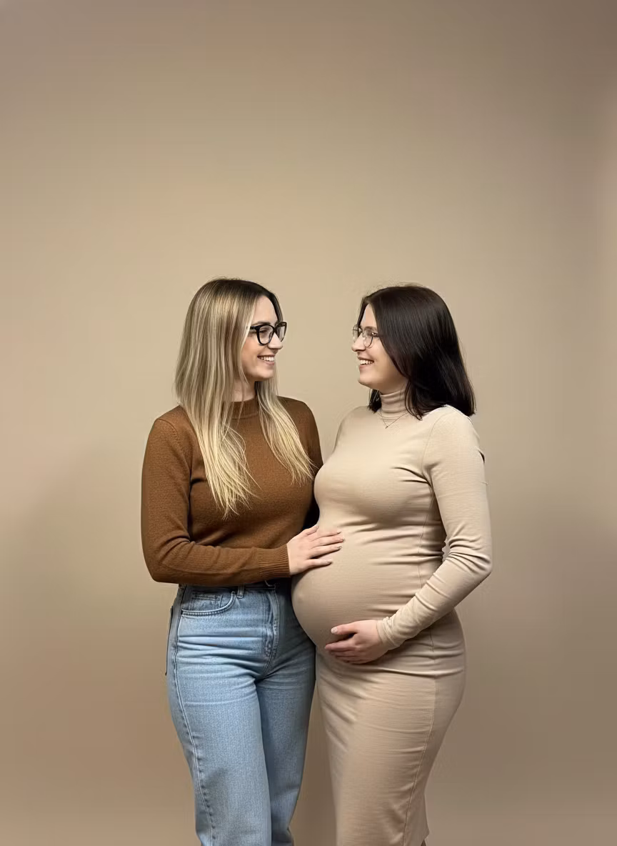 Кристина Подзубанова – Edit the provided image of two women to create a touching photo session scene. Preserve the exact facial features, ex…