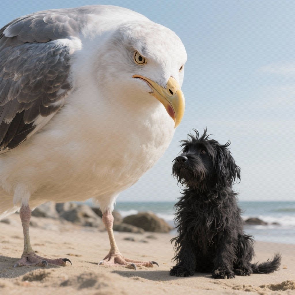 Misha Weisse – A shaggy black dog sitting next to a giant seagull on a coastal scene. The seagull appears displeased and annoyed wit…