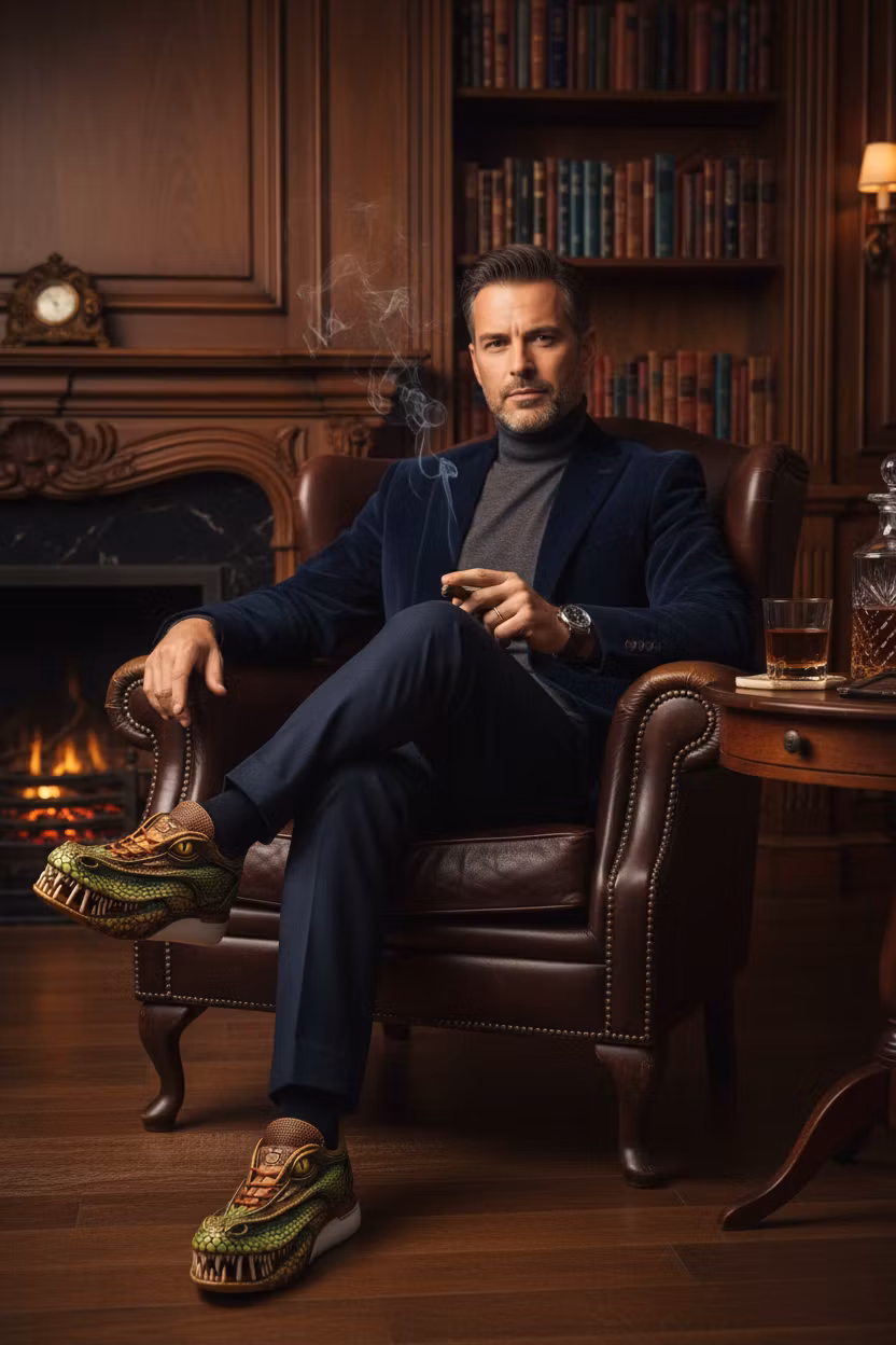 Wowa – Sophisticated gentleman sitting in a luxurious leather armchair, legs crossed elegantly, smoking a premium cigar with…