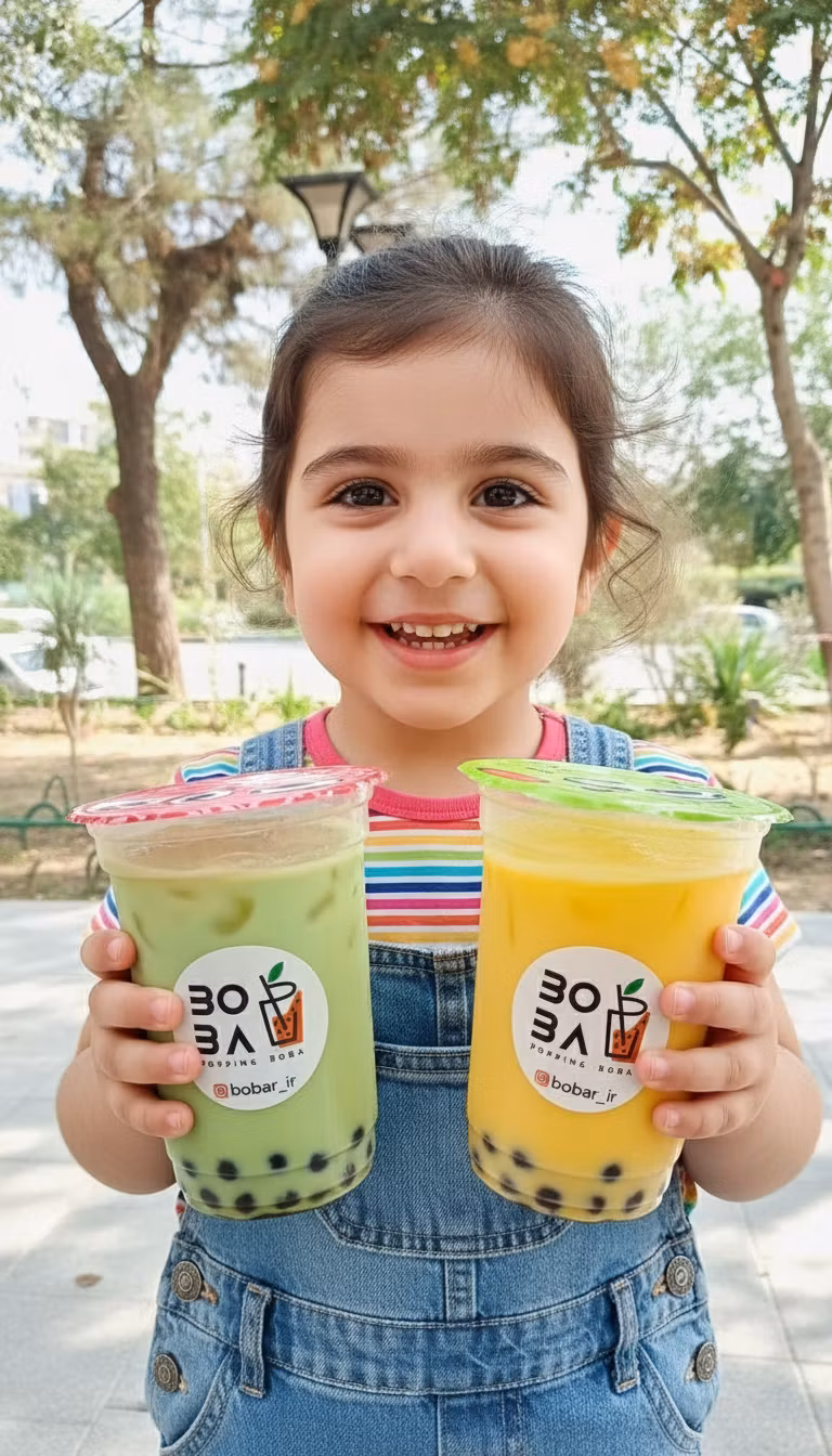 vahid ghajary – A happy Persian child holding two colorful boba drinks in transparent plastic cups with sealed lids. The left drink i…