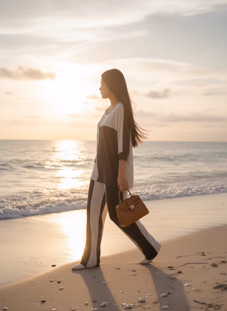 konstantin kokin – Create a 10-second cinematic loopable video clip of a young woman walking along a sandy beach at golden hour, carryin…