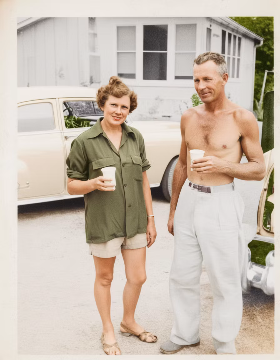 grizzly – Colorize this cleaned black-and-white vintage photograph of a casually dressed couple standing outdoors beside a mid-…