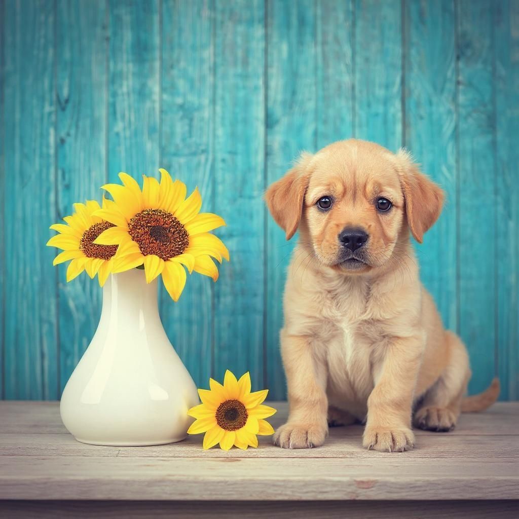 lx d – A charming rustic scene featuring a playful golden retriever puppy sitting beside a weathered blue wooden fence, surr…