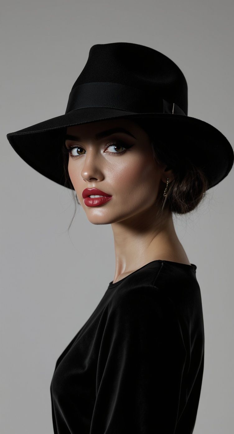 Val – Elegant portrait of a person wearing a sophisticated black hat, stylish and fashionable composition with dramatic lig…