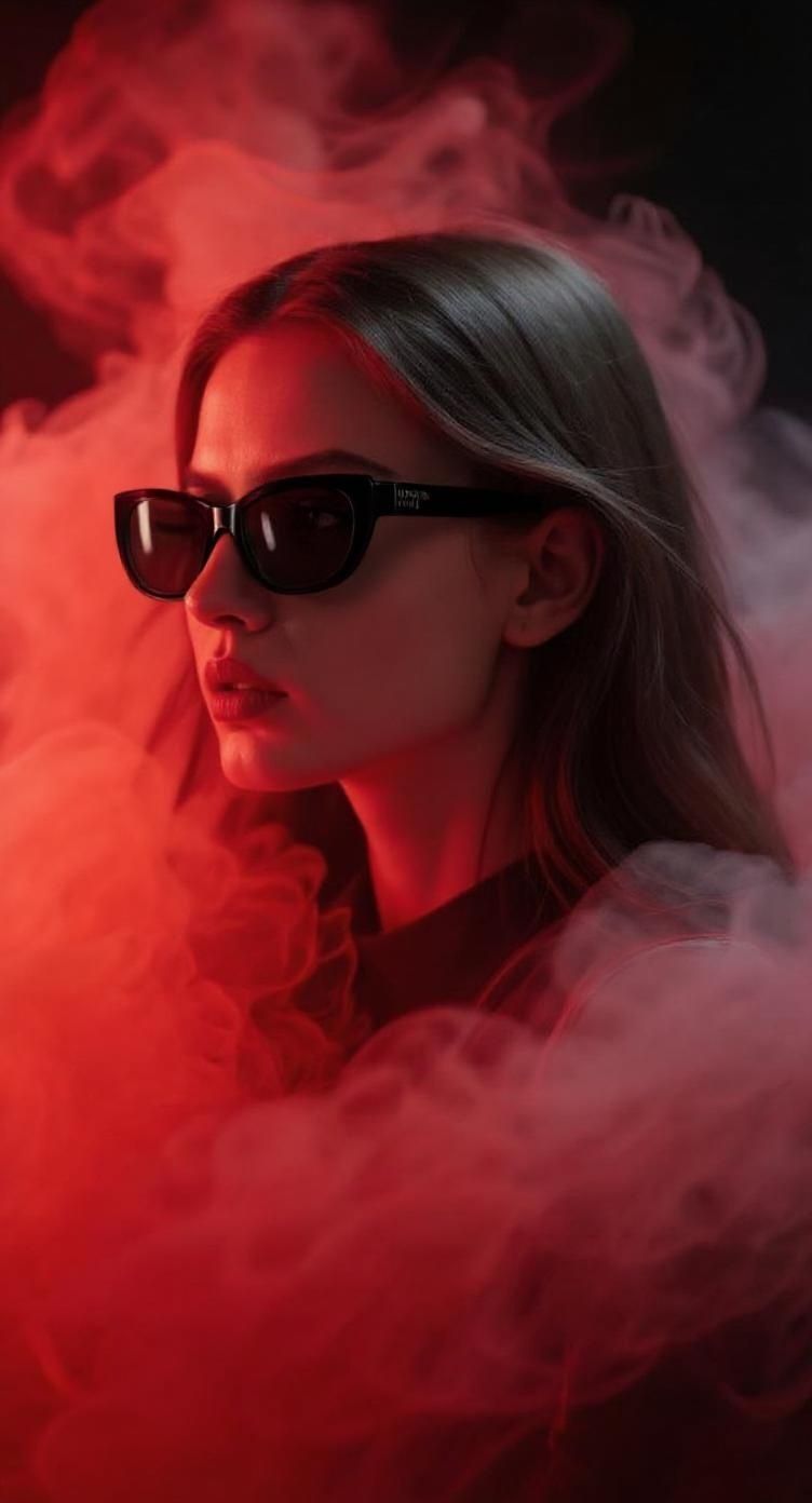Ccddz – Change the neon red glasses to sleek black glasses while keeping everything else exactly the same - maintain the eleg…