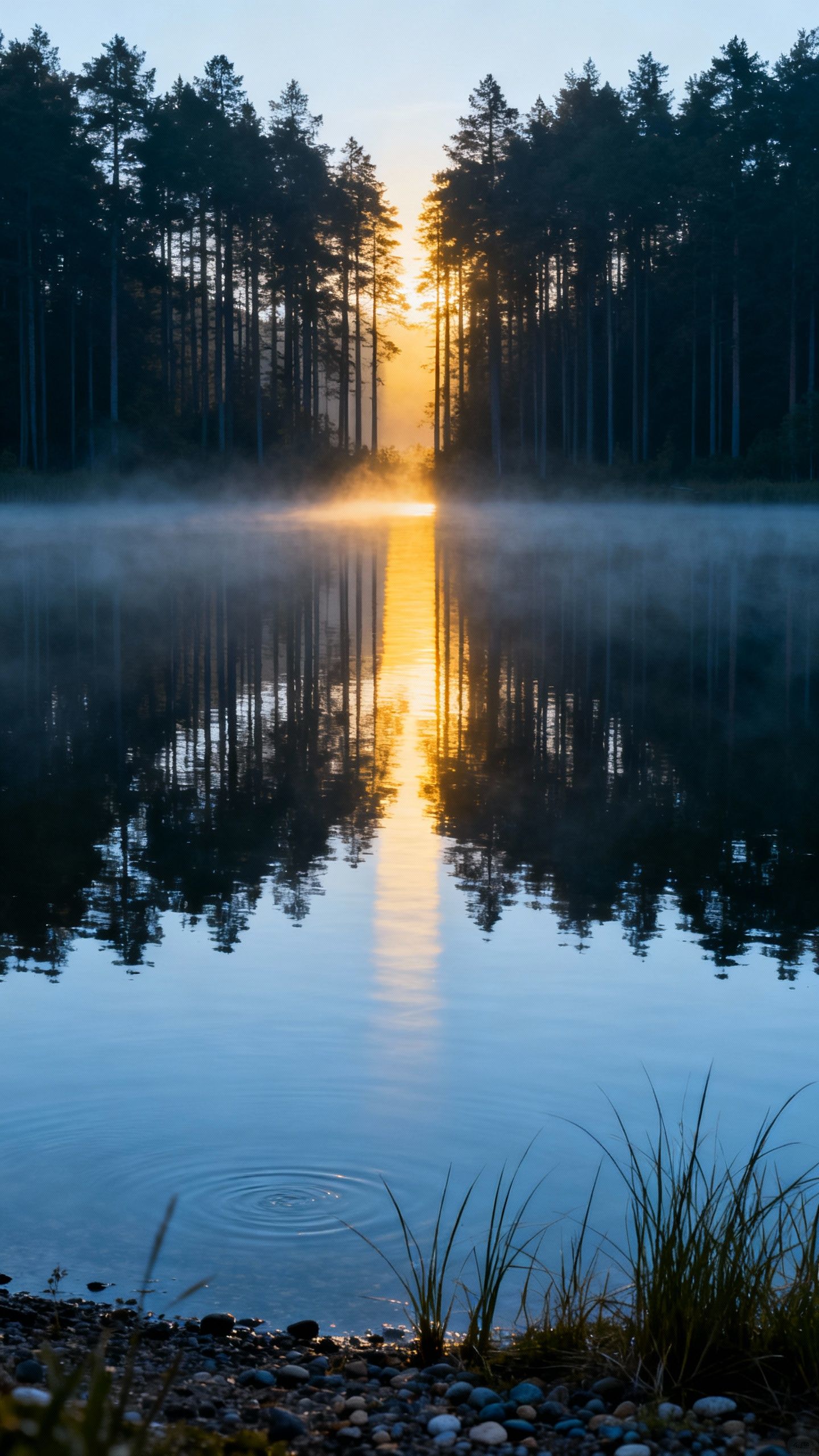 Naisa TaRod – Photorealistic vertical dawn landscape: a wide, tranquil lake with perfect vertical symmetry of shore and reflection.…