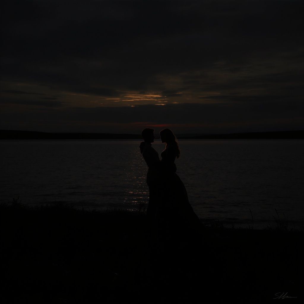 fao – A photorealistic scene of a man tenderly holding a woman in dramatic shadows beside a vast water body. The couple is …