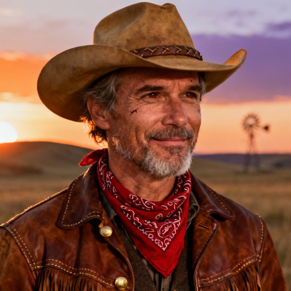 Татьяна – Photorealistic portrait of an American cowboy, waist-up, three-quarter pose facing slightly to the right. Male, mid-4…